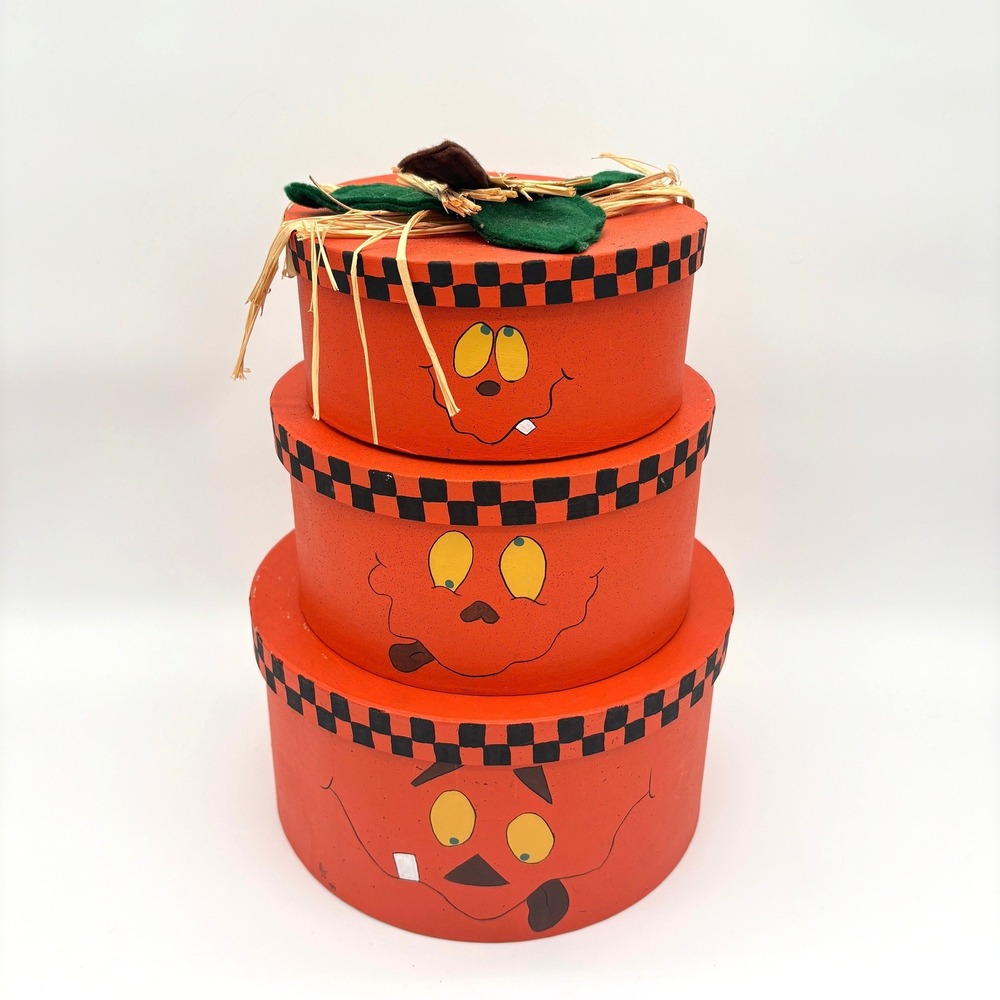 Vintage Halloween Pumpkin Nesting Boxes Folk Art Hand Painted Jack O Lantern Set
